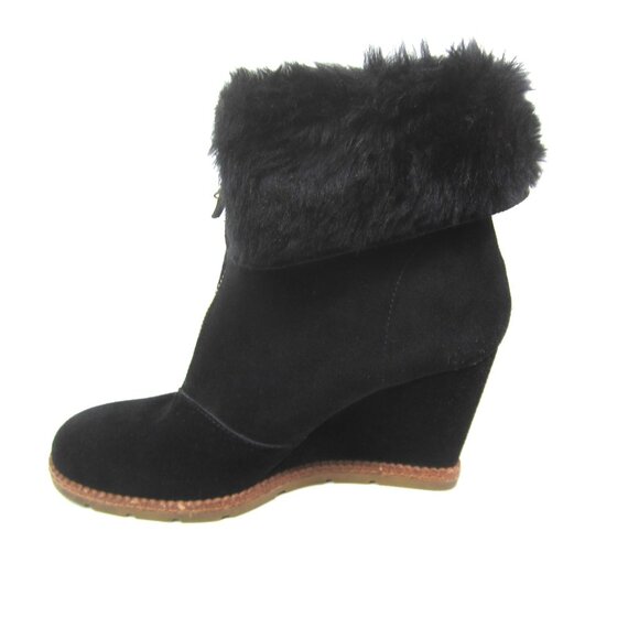 Kate Spade EUC Stasia 7.5 M Women's Black Bootie Wedge Suede Leather Faux Fur - Picture 4 of 11